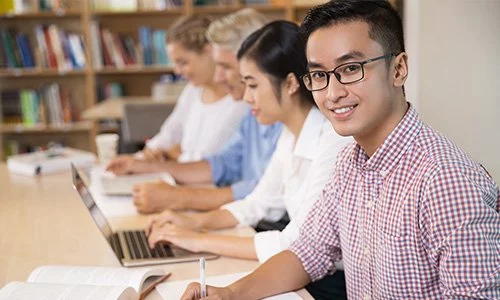 group of multinational students studying