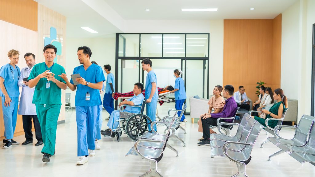 hospital lobbies with patients and healthcare workers