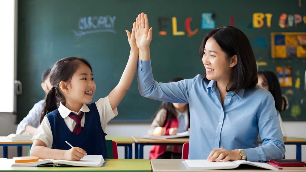 A teacher and young student share a high five in a bright classroom