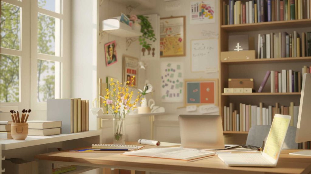 A bright, organized study workspace with open laptops, notebooks, stacked books, and a vase of yellow flowers on a wooden desk beside a sunlit window