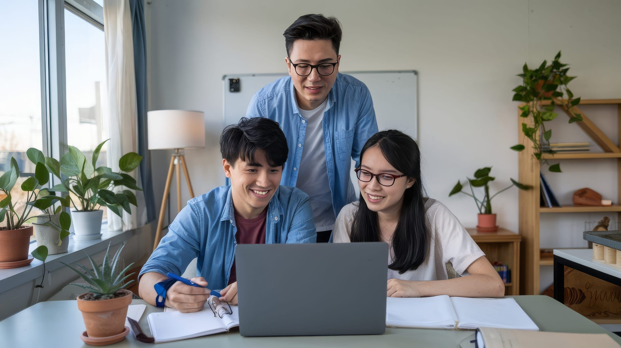 Three students review course content on a laptop together in a bright, plant-filled study room